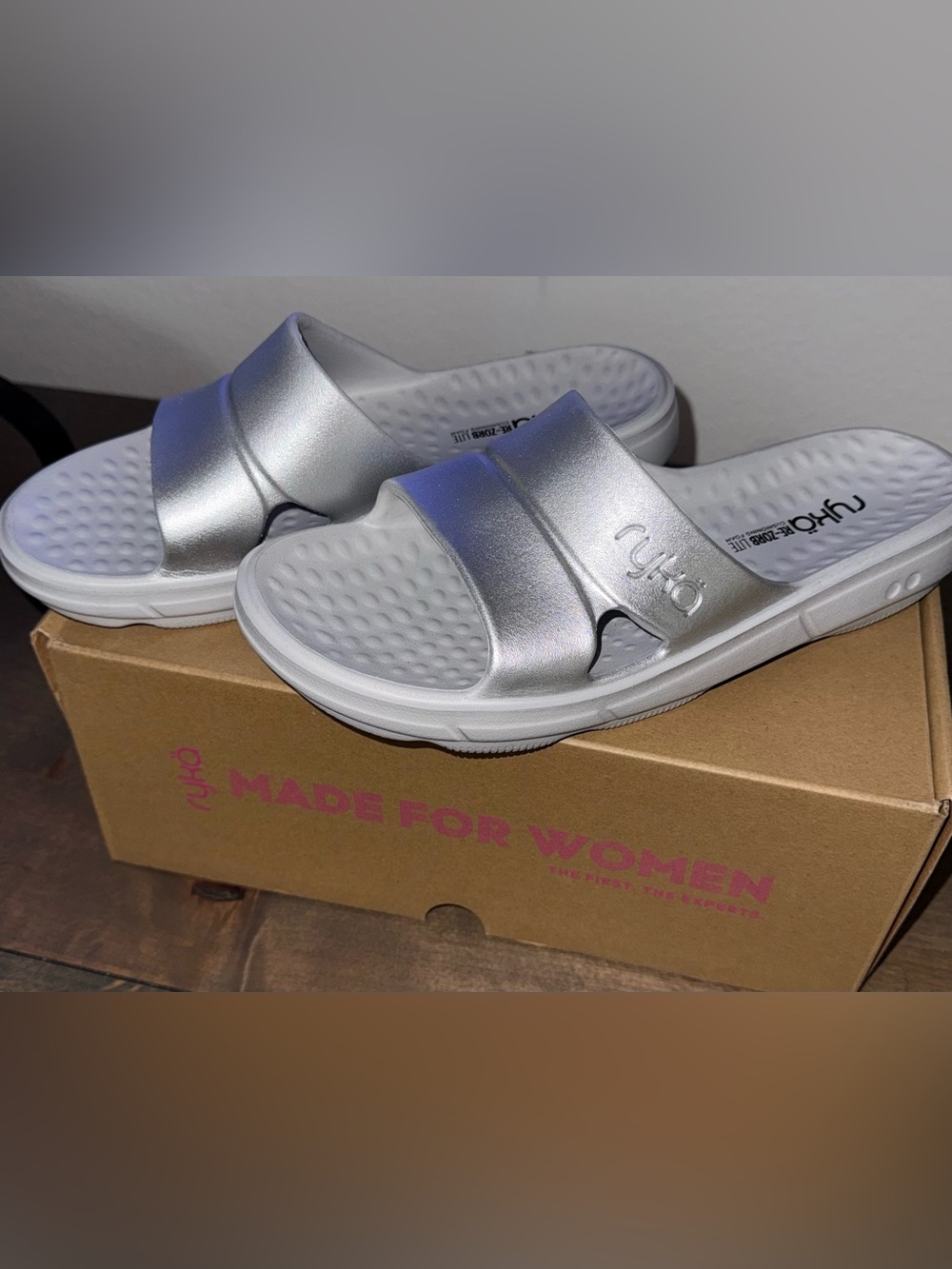 Ryka Silver Metallic Slide Sandals for Women